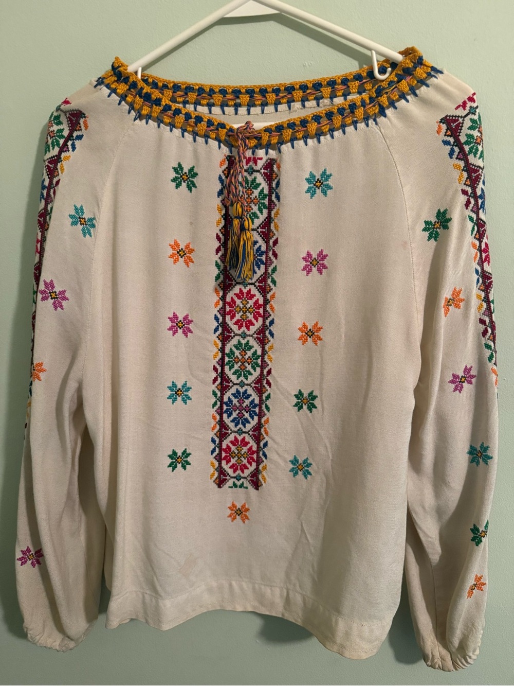Boho Embroidered White Peasant Blouse with Multicolor Accents